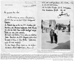 Brief von Max Kaschel (Reiseleiter der D.E.R. / MER) vom 18. August 1949, Knappenstraße 28, 21a Bottrop/Westfalen an Joseph Stoll, Darmstädter Straße 50, Bensheim a.d.B.; Text: Sehr geehrter Herr Stoll. Zur Erinnerung an meinen Aufenthalt im Juli 1949 und an die Zeit 1937/1938 beiliegendes Bildchen. In Frankfurt am Main habe ich bei der D.E.R.-Direktion [Anm.: Deutsches Reisebüro, heute: DER Deutsches Reisebüro GmbH & Co. OHG] für Bensheim als Reiseziel gesprochen. Eventuelle könnten Sie oder der Verkehrsverein selbst diesbezüglich einige Zeilen an das D.E.R. schreiben. Ich würde mich freuen, wenn schon im nächsten Jahr Bensheim im D.E.R.-Prospekt stehen würde. Wie geht es Ihnen und Ihrer Gattin? Hoffentlich sind Sie noch wohlauf. An das hiesige Klima sowie an die augenblickliche Arbeit (notgedrungen), kann ich mich noch nicht gewöhnen. Am liebsten würde ich nach dort ziehen. Mit den besten Wünschen für Ihr Wohlergehen und herzliche Grüße bin ich Ihr Max Kaschel und Frau. NLJS_0168: Fotografie mit Aufschrift Rückseite: "Juli 1949, 1937/1938 MER-Reiseleiter in Berlin". Die Fotografie zeigt Joseph Stoll (l.) und Max Kaschel (r.) auf der Hauptstraße in Bensheim, Blickrichtung Mittelbrücke. Quelle: NLJS_Dokumente_CV_0622