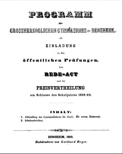 Stoll, F. X. (1860): De versu Saturnio, In: Programm des Grossherzoglichen Gymasiums zu Bensheim als Einladung zu den öffentlichen Prüfungen am Schlusse des Schuljahres 1872 - 1860, Bensheim.