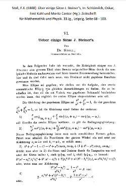 Stoll, F. X. (1888): Über einige Sätze J. Steiner's, In: Schlömilch, Oskar, Emil Kahl und Moritz Cantor (Hg.): Zeitschrift für Mathemathik und Physik. 33. Jg., Leipzig, Seite 78 - 100.