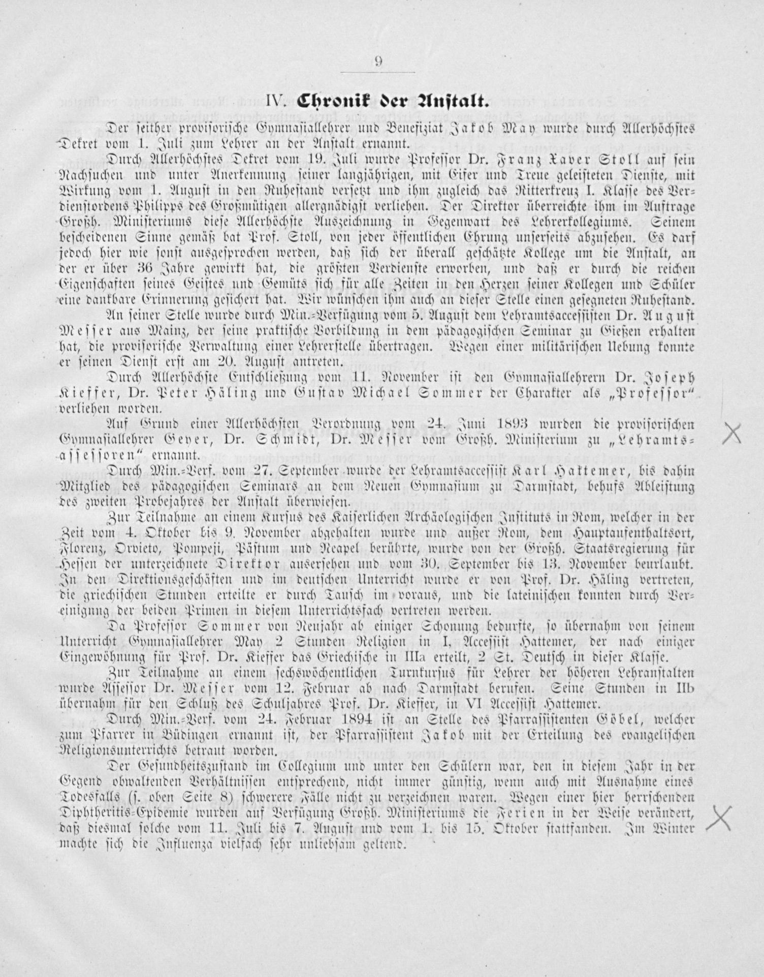 Programm des Großherzoglichen Gymnasiums zu Bensheim für das Schuljahr 1893/94, Seite 9, Bensheim, 1894. (Pensionierung Franz Xaver Stolls).