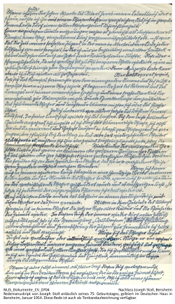 Redemanusskript - Joseph Stolls Dankesrede anlässlich seines 75. Geburtstag im Deutschen Haus in Bensheim 1954, handschriftlich