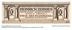 Briefkopf "Heinrich Zerries - Stein- und Bildhauerei, Braunschweig", gestaltet von Joseph Stoll, um 1920. Text: "Heinrich Zerries, Braunschweig, Helmstedterstr. 75, gegründet 1884, Fernsprecher 1413, Stein- und Bildhauerei, Werkstätten für Friedhofskunst.".