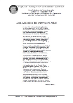 Dem Andenken des Turnvaters Jahn - Gedicht anlässlich des 40-jährigen Jubiläums des Turnvereins „Gut Heil“ in Auerbach, veröffentlicht im Bergsträßer Anzeigeblatt am 10.08.1921 von Joseph Stoll