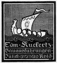 ExLibris für Edmund Kuckertz, Bauausführungen, Jülich, Rheinland um 1915, Größe: 60 mm x 55 mm, Text: -, keine weiteren Informationen vorhanden.