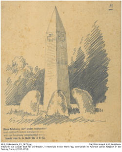 Entwurf eines Grabmals von Joseph Stoll, Obelisk mit Eisernem Kreuz und Inschrift. Von vier Findlingen umrandet. Kennung: NLJS_Dokumente_CV_0671