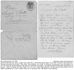 Brief von Augusto Varnesi an Joseph Stoll, 20. März 1907; Aufschrift Briefkuvert: Herrn Joseph Stoll, Bensheim; Briefmarke gestempelt 19.03.1907 Frankfurt Sachsenhausen, Stempel Rückseite 20.03.1907; Text Brief: Sehr geehrter Herr Stoll; In höflicher Erwiederung Ihres Schreibens von 19.3.07 theile ich Ihnen hierdurch mit, daß mir momentan unmöglich ist Ihnen das gewünschte ganz übersenden zu können; wollen Sie daher die Güte haben und sich noch einige Tage gedulden. Mit der gleiche Post erhalten Sie die hälfte des Betrags d.h. Mark Hundert wofür ich um Quittung bitte. Mit besten Gruss A. Varnesi. Brief von Augusto Varnesi an Joseph Stoll, 20. März 1907; Aufschrift Briefkuvert: Herrn Joseph Stoll, Bensheim; Briefmarke gestempelt 19.03.1907 Frankfurt Sachsenhausen, Stempel Rückseite 20.03.1907; Text Brief: Sehr geehrter Herr Stoll; In höflicher Erwiederung Ihres Schreibens von 19.3.07 theile ich Ihnen hierdurch mit, daß mir momentan unmöglich ist Ihnen das gewünschte ganz übersenden zu können; wollen Sie daher die Güte haben und sich noch einige Tage gedulden. Mit der gleiche Post erhalten Sie die hälfte des Betrags d.h. Mark Hundert wofür ich um Quittung bitte. Mit besten Gruss A. Varnesi.