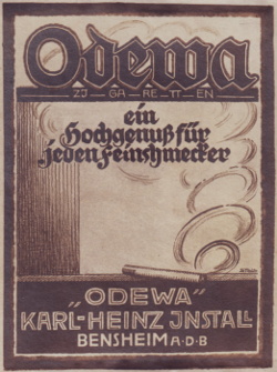 Werbung für die lokale Tabakfirma "Odewa", Größe: , Text: Odewa Zigaretten, ein Hochgenuß für jeden Feinschmecker, "Odewa" Karl-Heinz Install, Bensheim a.d.B.