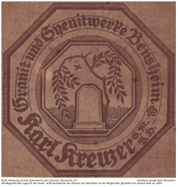 Werbegrafik bzw. Logo für die Granit- und Syenitwerke Karl Kreuzer aus Bensheim an der Bergstraße, gestaltet von Joseph Stoll um 1920. Größe: 210 mm x 210 mm.