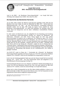 Die Geschichte der BKG, Joseph Stolls Mitwirken sowie Auszüge aus dem Begleitheft der BKG zur Karnevalssession 1951 (Texte von Joseph Stoll) (PDF, 5 Seiten) Die Geschichte der BKG, Joseph Stolls Mitwirken sowie Auszüge aus dem Begleitheft der BKG zur Karnevalssession 1951 (Texte von Joseph Stoll) (PDF, 5 Seiten)