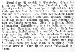 Zeitungsartikel aus dem Bergsträßer Anzeigeblatt vom 11.10.1929 kurz vor Beginn der Eröffnung, Text: Bergsträßer Winzerfest in Bensheim. Schon beginnt das Winzerdorf auf dem Marktplak stolz sein Haupt zu erheben. Gar mancher ist erstaunt über den umfangreichen Bau, der dort, die eifrigen Hände der Zimmerleute errichten. Die einzelnen Buchten haben bereits ihre Liebhaber gefunden, leibliche Genüsse alle Art werden geboten werden. Der Juxplatz ist nun vollständig vergeben. Eine so zahlreiche Schau allerneuester Attraktionen, wie da beisammen sein wird, hat Bensheim noch nicht erlebt. Auch das Programm, insbesondere die musikal. Darbietungen, versprechen das Allerbeste. Die einzelnen Ausschüsse haben das möglichste geleistet, um das Winzerfest großzügig in die Wege zu leiten. Wenn nun noch die Ortsvereine sich recht zahlreich beteiligen (siehe heutige Anzeige), dann ist ein guter Festverlauf gesichert.; Kennung: 03_Anzeige_Bergstraesser_Winzerfest_1929_Bericht_BA_19291011; Kennung: NLJS_00020