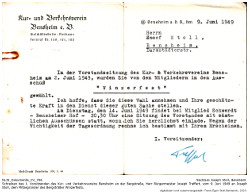 Absender: Kur- und Verkehrsverein Bensheim e. V., Geschäftsstelle: Rathaus, Fernruf Nr. 120, 121, 122; 16 Bensheim a. d. B., den 9. Juni 1949; Adressat: Herrn Josef Stoll, Bensheim, Darmstädterstr.; Text: In der Vorstandssitzung des Kur- & Verkehrsvereins Bensheim am 2. Juni 1949, wurden Sie von den Mitgliedern in den Ausschuß "Winzerfest" gewählt. Ich hoffe, dass Sie diese Wahl annehmen und Ihre geschätzte Kraft in den Dienst dieser guten Sache stellen. Am Dienstag, den 14. Juni 1949 findet bei Mitglied Schwerdt - Bensheimer Hof - 20,30 Uhr eine Sitzung des Vorstandes mit sämtlichen Ausschüssen statt, wozu ich Sie herzlichst einlade. Wegen der Wichtigkeit der Tagesordnung rechne ich bestimmt mit Ihrem Erscheinen. I. Vorsitzender: Treffert.; Kennung: NLJS_Dokumente_CV_0706