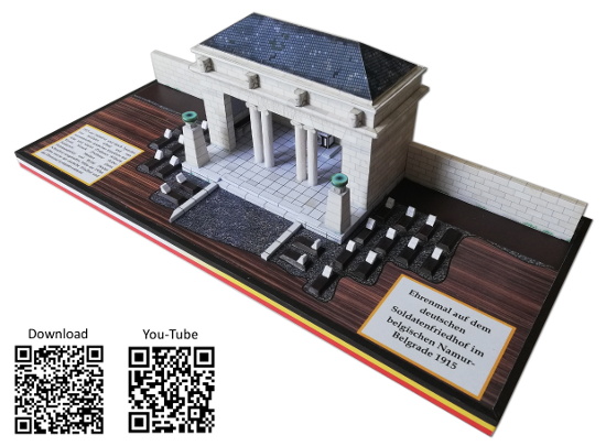 Informationsbroschüre und Kartonmodell zur Ehrenhalle des Soldatefriedhofs in Namur-Belgrade / Information brochure on the German war cemetry in Namur-Belgrade, Belgium 1915, including a free cardboard model of the hall of honour; zusammengestellt: Frank-Egon Stoll-Berberich, 2023.