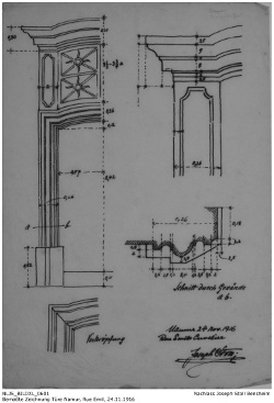 Tuschezeichnung von Joseph Stoll von Türgewände und Verkröpfung in der Rue Emile Cuvelier, Namur; 24.11.1916; Kennung: NLJS_Dokumente_BILDXL_0601; digitalisiert und zusammengestellt: Frank-Egon Stoll-Berberich, 2023.