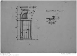 Bemaßte Tür und Querschnitt durch Gewände, Namur, um 1916; Kennung: NLJS_Dokumente_BILDXL_0602; digitalisiert und zusammengestellt: Frank-Egon Stoll-Berberich, 2023.