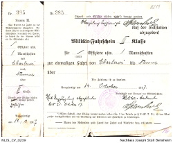 Militär-Fahrschein III. Klasse für 1 Mannschaft zur einmaligen Fahrt von Charleroi bis Namur am 14. Oktober 1917 für Gefreiten Joseph Stoll; Kennung: NLJS_Dokumente_CV_0219; digitalisiert und zusammengestellt: Frank-Egon Stoll-Berberich, 2023.