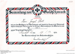 Sammlung von Goldschmuck 1916, Herr Joseph Stoll hat, um den Goldschatz der Reichsbank und damit die finanzielle Wehrkraft unseres deutschen Vaterlandes zu stärken, Schmucksachen im Goldwerte von M[ark] 16,60 gegen Vergütung abgeliefert. Frankfurt am Main, den 19.12.1916. Der Ehrenausschuss der Goldkaufstelle. Ernst Löwenthal. NLJS_Dokumente_CV_230.