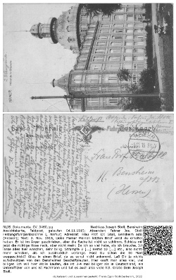 Ansichtskarte, Feldpost, gelaufen 04.11.1915; Absender: Fahrer Jos. Stoll, Festungsfuhrparkkolonne I, Namur; Adressat: Frau Prof. Dr. Stoll, Bensheim adB, (Hessen); Text: 3. Nov. 1915, Liebe Mama! Meinen letzten Brief wirst du erhalten haben. Er ist im Ärger geschrieben, aber die Sache ist nicht so schlimm. Schicke mir jetzt die richtige Hose nach, aber nicht mehr. Da ich so viel habe, als ich brauche. Ich lasse alles hier waschen, sehr billig. Strümpfe 8 [...] Hemd 10 [...] etc., also nichts mehr schicken, als ich ausdrücklich verlange. Hast Du schon die 10 Mark weggeschickt? Alles in einen Brief, da es sonst nicht ankommt. Laß Dir ja nichts aufschwätzen von den Bensheimer Geschäftsleuten. Hier kauft man alles viel, viel billiger. Ich will hier Wolle kaufen, die ist 3-4 mal billiger als in Deutschland, ein Unteroffizier von uns ist Fachmann und tut es auch also viele hzl. Grüße Dein Joseph Stoll; NLJS_Dokumente_CV_0460.jpg, Nachlass Joseph Stoll, Bensheim.