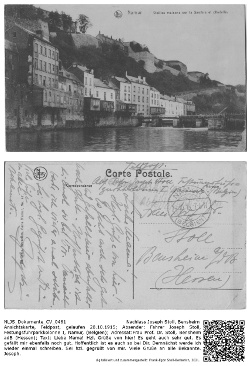 Ansichtskarte, Feldpost, gelaufen 28.10.1915; Absender: Fahrer Joseph Stoll, Festungsfuhrparkkolonne I, Namur, (Belgien); Adressat:Frau Prof. Dr. Stoll, Bensheim adB (Hessen); Text: Liebe Mama! Hzl. Grüße von hier! Es geht auch sehr gut. Es gefällt mir ebenfalls noch gut. Hoffentlich ist es auch so bei Dir. Demnächst werde ich wieder einmal schreiben. Sei hzl. gegrüßt von mir. Viele Grüße an alle Bekannte. Joseph; NLJS_Dokumente_CV_0461, Nachlass Joseph Stoll, Bensheim.