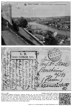 Ansichtskarte gelaufen 13.02.1916, Feldpost; Verlag: Ern. Thill, Rue Simonis 20-22, Bruxelles; Absender: Joseph Stoll, Kaiserliche Fortifikation, Bauposten II, Zeichenzimmer Leutnant Diederici; Adressat: Frau Prof. Dr. Stoll, Bensheim adB,  (Hessen), Darmstädterstraße 50; Text: Liebe Mama. Heute Brief am 8ten erhalten, vorgestern den vom 5ten. Meine Karte wirst du erhalten haben. Es freut mich, daß der Brief mit Inhalt angekommen ist. Herr Guntrum ist der von der Brauerei an der Schönberger Straße. Sonst alles in Ordnung. Herzliche Grüße an alle, Fräulein und Dich Dein Joseph.; NLJS_Dokumente_CV_0486, Nachlass Joseph Stoll Bensheim.