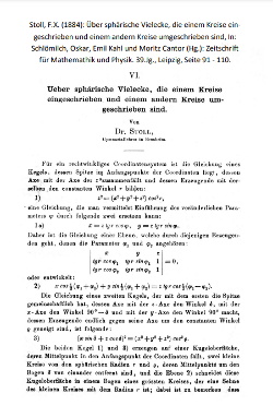 Stoll, F. X. (1884): Über sphärische Vielecke, die einem Kreise eingeschrieben und einem anderen Kreise umgeschrieben sind, In: Schlömilch, Oskar, Emil Kahl und Moritz Cantor (Hg.): Zeitschrift für Mathemathik und Physik. 29. Jg., Leipzig, Seite 91 - 110.