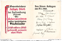 Glückwunschkarte der Kollegen der Bensheimer Gewerbeschule anlässlich Joseph Stolls 50. Geburtstag am 24. Januar 1929. Text: "Herrn Gewerbelehrer Joseph Stoll bei Vollendung seines 50. Lebensjahres unsere herzlichsten Glückwünsche, selbst ersunne, selbst gedoacht, gemoole ohne Koole von seinen Kollegen am 24.1.1929. H. Eisenhardt, B. Berger, H.J. Fries, Fr. Schaab, Scherer, Josef Solmz, Hermann Roozel, H. Stegmann, L. Kessler, H. Trautmann, [...]"