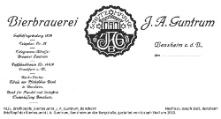 Briefkopf der "Bierbrauerei J.A. Guntrum, Bensheim; Geschäftsgründung 1859, Telephon Nr. 27, Telegramm-Adresse: Brauerei Guntrum, Postscheckkonto Nr. 14919, Frankfurt a.M., Bank-Contis: Filiale der Pfälzischen Bank in Bensheim. Bank für Handel und Industrie, Niederlassung Bensheim.", gestaltet von Joseph Stoll, 1910.