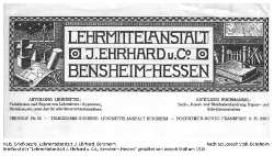 Briefkopf der "Lehrmittelanstalt J. Ehrhard u. Co., Bensheim; Abteilung Lehrmittel: Fabrikation und Export von Lehrmitteln: Apparaten, Modellen, etc. jeder Art für alle Unterrichtsdisziplinen; Abteilung Buchhandel: Buch-, Kunst- und Musikalienbuchhandlung, Papier- und Schreibmaterialien; Fernruf Nr. 43 - Telegramm-Adresse: Lehrmittelanstalt Bensheim - Postscheck-Konto Frankfurt a. M. 2060", gestaltet von Joseph Stoll, 1910.