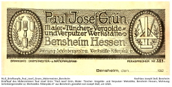 Briefkopf des Malermeisters Paul Josef Grün "Paul Josef Grün, Maler- Tüncher- Vergolde- und Verputzer Wekstätte, Bensheim Hessen, Wohnung: Schönbergerstraße 12, Werkstätte: Ritterplatz 6" aus Bensheim, gestaltet von Joseph Stoll, um 1920.