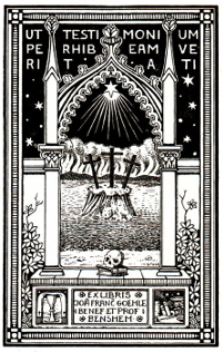 Joseph Stoll, Bensheim, ExLibris - ExLibris für Lehrer Johannes Franz Goehle (1877 - 1952), Bensheim, um 1910, Größe: 90 mm x 55 mm, Text: ut testimonium perhibeam veritati (sinngemäß: dass ich für die Wahrheit Zeugnis ablege (Johannes-Evangelium (Joh 18,38)))