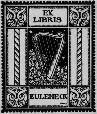 ExLibris für die Bücherei der Villa Euleneck in Bensheim, Größe: 90 mm x 75 mm, Text: -, Das ExLibris wurde für die Bücherei in der Villa Euleneck geschaffen. Diese Villa befindet sich in der Ernst-Ludwig-Straße 21 in Bensheim und wurde für den Sohn von Kommerzienrat Wilhelm Euler erbaut. Die Pläne sowohl für das Hauptgebäude als auch für den 1912 errichteten Anbau stammen von Heinrich Metzendorf.