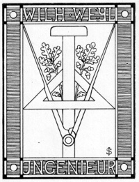 ExLibris für den Ingenieur Wilhelm Weyl, Größe: 60 mm x 45 mm, Text: -, keine weiteren Informationen vorhanden.