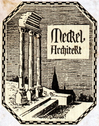 ExLibris für den Architekten Georg Meckel, Bensheim-Auerbach, um 1920, Größe: 70 mm x 55 mm, Text: -, Georg Meckel lebte in Auerbach (heute Bensheim-Auerbach) und plante zum Beispiel das Denkmal für die im Ersten Weltkrieg gefallenen Bürger aus Auerbach. Das imposante Denkmal befindet sich Burgstraße Ecke Mierendorffstraße.