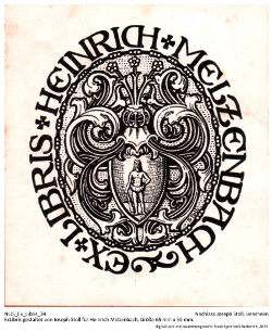 ExLibris gestaltet von Joseph Stoll für Heinrich Melzenbach, Größe 65 mm x 55 mm, keine weiteren Informationen vorhanden.