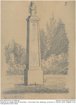 Entwurf eines Grabmals von Joseph Stoll. Rechteckige Säule mit Inschrift auf Vorderseite sowie mit aufgesetzter Urne und Zierranke. Auf Sockel stehend. Kennung: NLJS_Dokumente_CV_0687