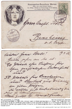 Kennung: NLJS_Dokumente_CV_0444.jpg; Nachlass Joseph Stoll, Bensheim; Ansichtskarte gelaufen: 19. April 1906, Adressat: Herrn Architekt Stoll, Bensheim a.d. Bergst., Text: "Lieber Herr Stoll! Heute gehen an Sie ab: 20 Plakate ohne Leisten für Ihren persönlichen Bedarf ab und 50 Plakate für Bensheim und Auerbach zur [Verteilung] an guten Plätzen. Sie wollten ja so liebenswürdig sein, dies zu übernehmen. Mit Grüßen Ihr Konrad Fischer"