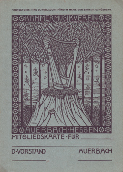 Mitgliedskarte des Kammermusikvereins Auerbach (Bensheim-Auerbach) , Größe: , Text: Protektorin: Ihre Durchlaucht Fürstin Marie von Erbach-Schönberg, Kammermusikverein Auerbach, Hessen, Mitgliedskarte für: ___, D. Vorstand ___, Auerbach ___.