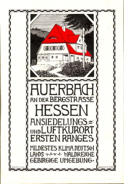 Flugblatt als Werbung für den Luftkurort Auerbach an der Bergstraße (heute: Bensheim-Auerbach), Größe: , Text: Auerbach an der Bergstrasse, Hessen, Ansiedlungs- und Luftkurort ersten Ranges, mildestes Klima Deutschlands, waldreiche, gebirgige Umgebung, Joseph Stoll, Bensheim, 1910