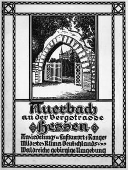 Flugblatt als Werbung für den Luftkurort Auerbach an der Bergstraße (heute: Bensheim-Auerbach), Größe: , Text: Auerbach an der Bergstrasse, Hessen, Ansiedlungs- und Luftkurort ersten Ranges, mildestes Klima Deutschlands, waldreiche, gebirgige Umgebung, Joseph Stoll, Bensheim, 1910