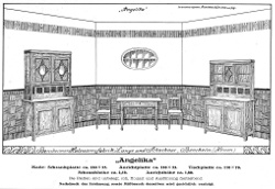 Katalogseite der Holzwarenfabrik Lange & Schachner aus Bensheim um 1920, Größe: DIN A4, Text: Bensheimer Holzwarenfabrik Lange und Schachner, Bensheim (Hessen), "Angelika", Maße: Schrankplatte ca. 120 x 53, Anrichtplatte ca. 120 x 53, Tischplatte ca. 110 x 70, Schrankhöhe ca. 2,16, Anrichthöhe ca. 1,80, Die Platten sind unbelegt, roh, Holzart und Ausführung freibleibend. nachdruck der Zeichnung, sowie Mißbrauch derselben wird gerichtlich verfolgt.