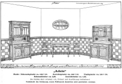 Katalogseite der Holzwarenfabrik Lange & Schachner aus Bensheim um 1920, Größe: DIN A4, Text: Bensheimer Holzwarenfabrik Lange und Schachner, Bensheim (Hessen), "Adele", Maße: Schrankplatte ca. 120 x 53, Anrichtplatte ca. 120 x 53, Tischplatte ca. 110 x 70, Schrankhöhe ca. 2,08, Anrichthöhe ca. 1,85, Die Platten sind unbelegt, roh, Holzart und Ausführung freibleibend. nachdruck der Zeichnung, sowie Mißbrauch derselben wird gerichtlich verfolgt.