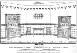 Katalogseite der Holzwarenfabrik Lange & Schachner aus Bensheim um 1920, Größe: DIN A4, Text: Bensheimer Holzwarenfabrik Lange und Schachner, Bensheim (Hessen), "Arkadia" (vorgebaute Küche), Maße: Schrankplatte ca. 140 x 57, Anrichtplatte ca. 120 x 53, Tischplatte ca. 110 x 70, Schrankhöhe ca. 2,08, Anrichthöhe ca. 1,90, Die Platten sind unbelegt, roh, Holzart und Ausführung freibleibend. Nachdruck der Zeichnung, sowie Mißbrauch derselben wird gerichtlich verfolgt.