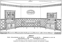 Katalogseite der Holzwarenfabrik Lange & Schachner aus Bensheim um 1920, Größe: DIN A4, Text: Bensheimer Holzwarenfabrik Lange und Schachner, Bensheim (Hessen), "Alice" , Maße: Schrankplatte ca. 120 x 53, Anrichtplatte ca. 120 x 53, Tischplatte ca. 110 x 70, Schrankhöhe ca. 2,08, Anrichthöhe ca. 1,85, Die Platten sind unbelegt, roh, Holzart und Ausführung freibleibend. Nachdruck der Zeichnung, sowie Mißbrauch derselben wird gerichtlich verfolgt.