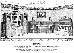 Katalogseite der Holzwarenfabrik Lange & Schachner aus Bensheim um 1920, Größe: DIN A4, Text: Bensheimer Holzwarenfabrik Lange und Schachner, Bensheim (Hessen), "Ariadne" (Wohnküche), Maße: Büffett ca. 200 x 200, Anrichtplatte ca. 120 x 53, Tischplatte ca. 110 x 70, ausgezogen 200 x 70, Tellerbrett 100, Truhe 100, Büffetplatte wird Linoleum belegt geliefert, Art und Muster freibleibend. Tischplatte unbelegt, roh, Holzart und Ausführung freibleibend. (handschriftliche Korrektur: mit Linoleum belegt). Nachdruck der Zeichnung, sowie Mißbrauch derselben wird gerichtlich verfolgt.