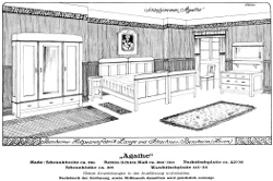 Katalogseite der Holzwarenfabrik Lange & Schachner aus Bensheim um 1920, Größe: DIN A4, Text: Bensheimer Holzwarenfabrik Lange und Schachner, Bensheim (Hessen), Schlafzimmer "Agathe", Maße: Schrankbreite ca. 160, Betten lichtes Maß ca. 200 x 100, Nachttischplatte ca. 42 x 38, Schrankhöhe ca. 215, Waschtischplatte 115 x 55, Kleine Abweichungen in der Ausführung vorbehalten. Nachdruck der Zeichnung, sowie Mißbrauch derselben wird gerichtlich verfolgt.