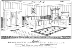 Katalogseite der Holzwarenfabrik Lange & Schachner aus Bensheim um 1920, Größe: DIN A4, Text: Bensheimer Holzwarenfabrik Lange und Schachner, Bensheim (Hessen), Schlafzimmer "Amely", Maße: Schrankbreite ca. 160, Betten lichtes Maß ca. 200 x 100, Nachttischplatte ca. 42 x 38, Schrankhöhe ca. 215, Waschtischplatte 115 x 55, Kleine Abweichungen in der Ausführung vorbehalten. Nachdruck der Zeichnung, sowie Mißbrauch derselben wird gerichtlich verfolgt.