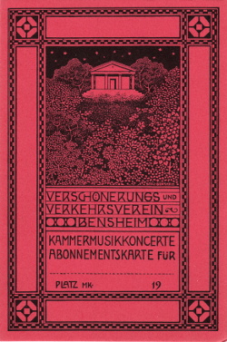 Billet für Abonnenten der Kammermusikkonzerte des Verschönerungs- und Verkehrsvereins Bensheim, Größe: , Text: Verschönerungs und Verkehrsverein - Bensheim, Kammermusikconcerte, Abonnementskarte für _______ Platz Mk- 19.