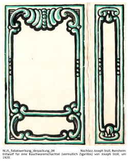 Entwurf für eine Rauchwarenschachtel (vermutlich Zigarillos) von Joseph Stoll, um 1920.