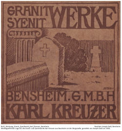 Werbegrafik bzw. Logo für die Granit- und Syenitwerke Karl Kreuzer aus Bensheim an der Bergstraße, gestaltet von Joseph Stoll um 1920. Größe: 210 mm x 210 mm.