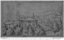 Tuschezeichnung von Joseph Stoll, Motiv: vermutlich Darmstädter Straße in Bensheim, Blickrichtung Norden, im Vordergrund das Hauptgebäude des Bensheimer Gymnasiums. Kennung: NLJS_Kunst_div_012.